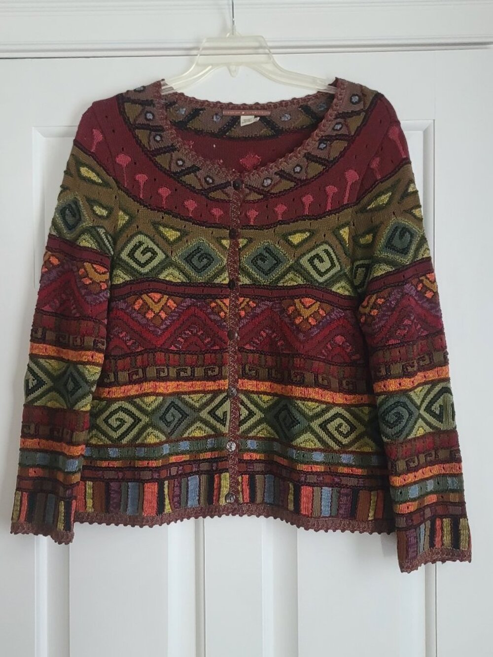 Peruvian Connection Sz XL Pima Cotton Cardigan Maroon Green Long Sleeve Scallops